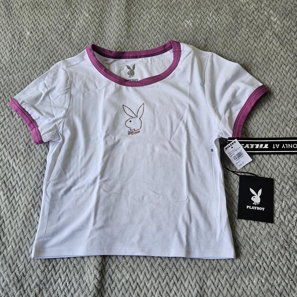 Playboy‎ Ringer Tee Women's S White w/DkPink Trim Rhinestone Bunny NWT